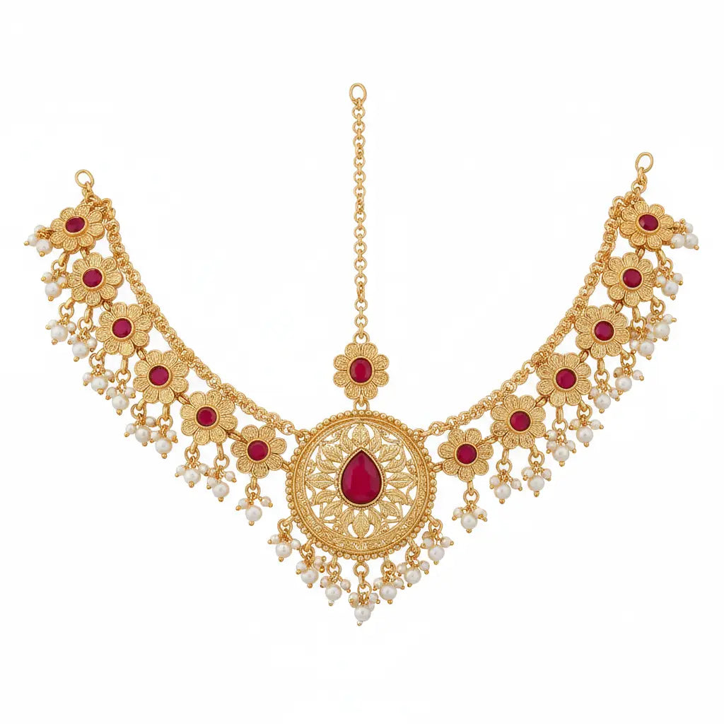 Gold-toned filigree necklace with red gemstone accents and dangling pearl-like beads, shown on a plain white background.
