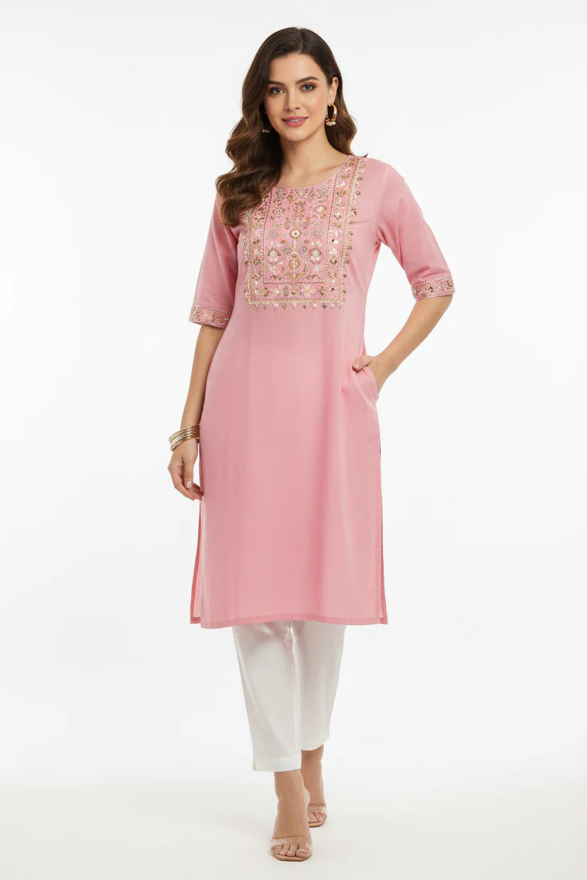 Embroidered Neck Straight Kurti