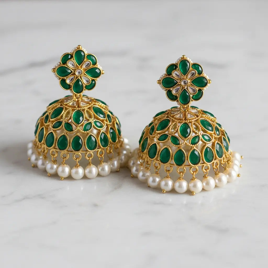 A pair of traditional Indian gold-plated jhumka earrings decorated with green enamel, white pearl beads, and small clear stones, displayed on a light gray marble surface.