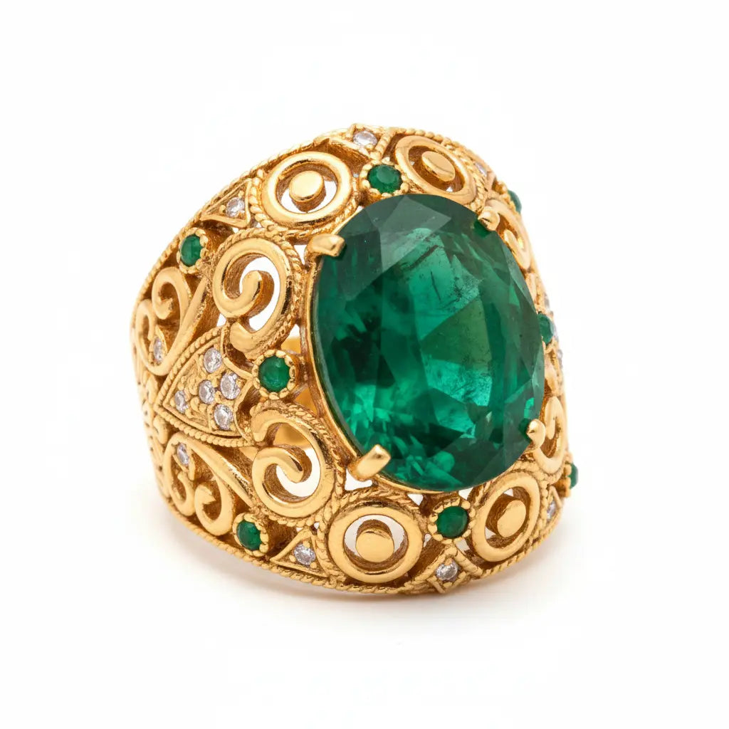 Gold ring with a large green gemstone on a white background