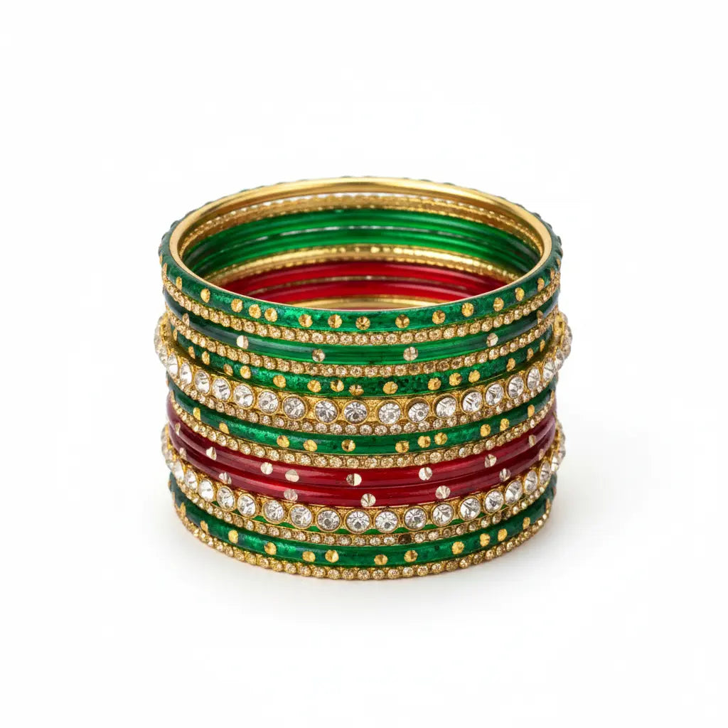 A stack of traditional Indian bangles featuring green and red enamel, gold-plated borders, and clear rhinestone embellishments, set against a plain white background.