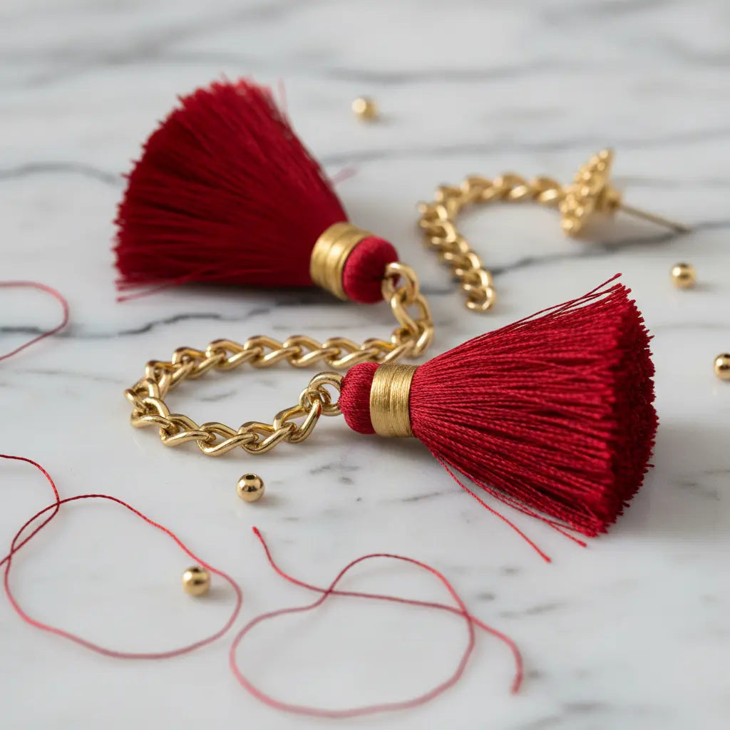 A pair of gold chain dangle earrings with deep red tassels and gold spacer rings, displayed on a white marble surface with scattered red thread and gold beads.