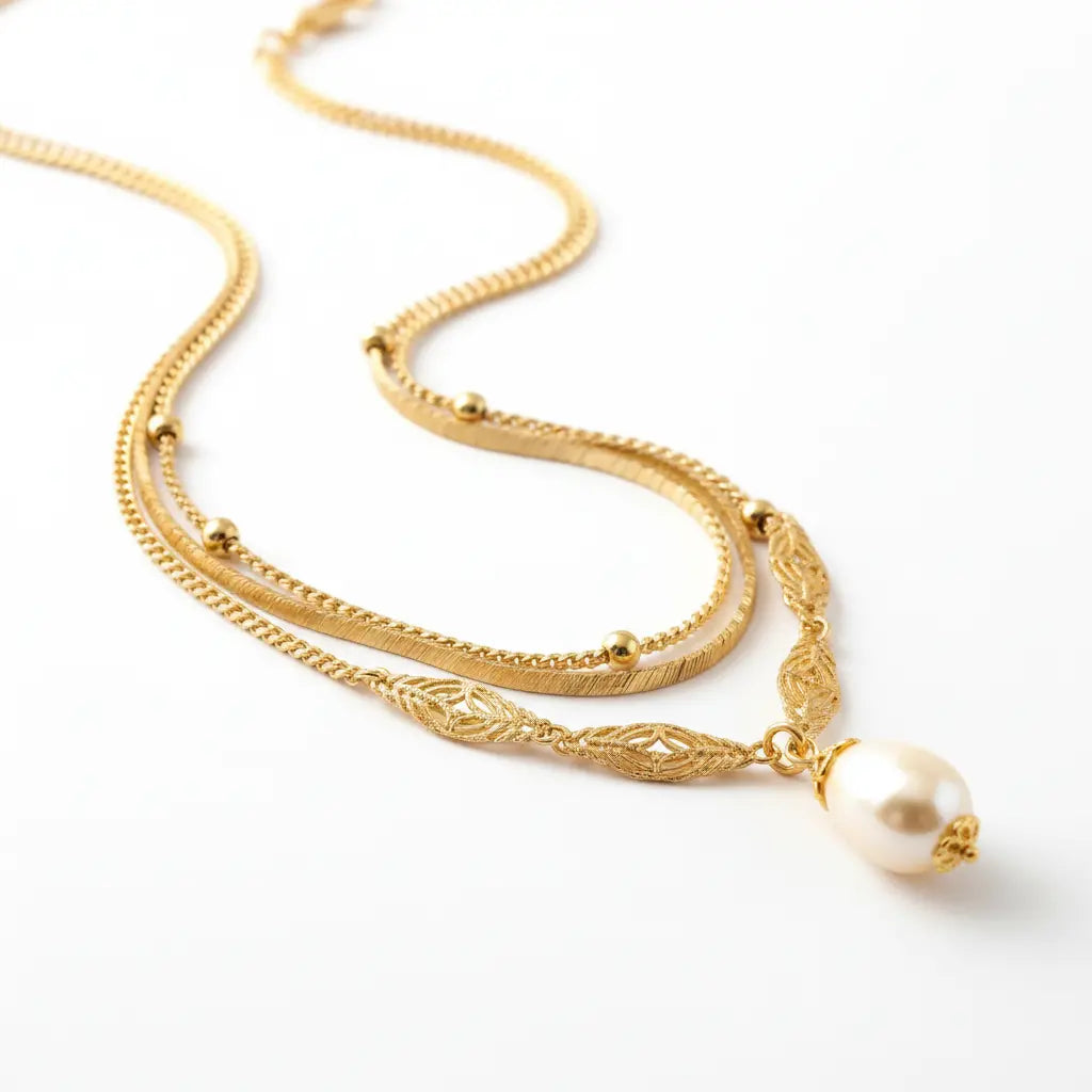 Gold Layered Pearl Pendant Necklace