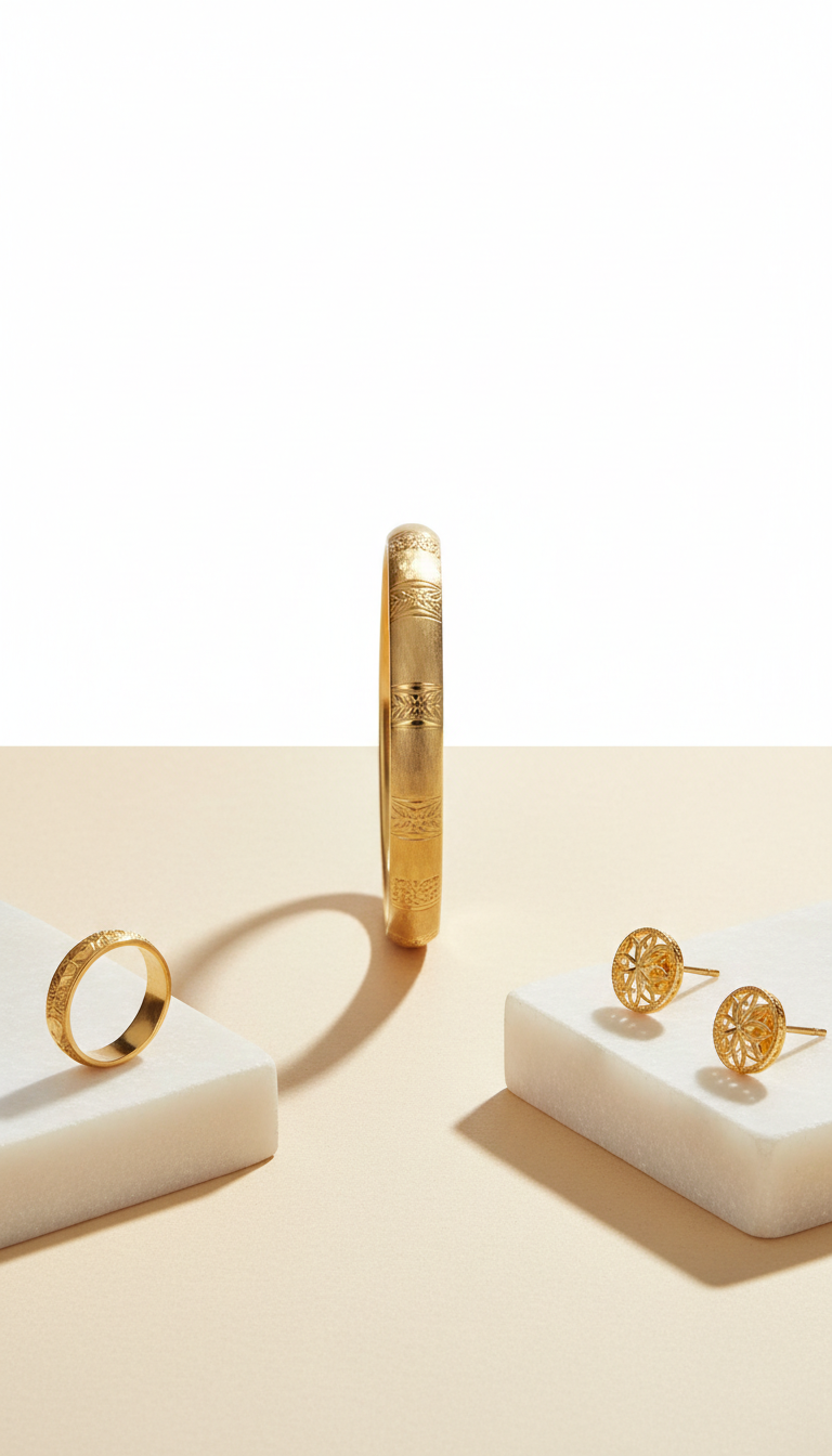 Gold engraved bangle ring and earrings jewellery set for women