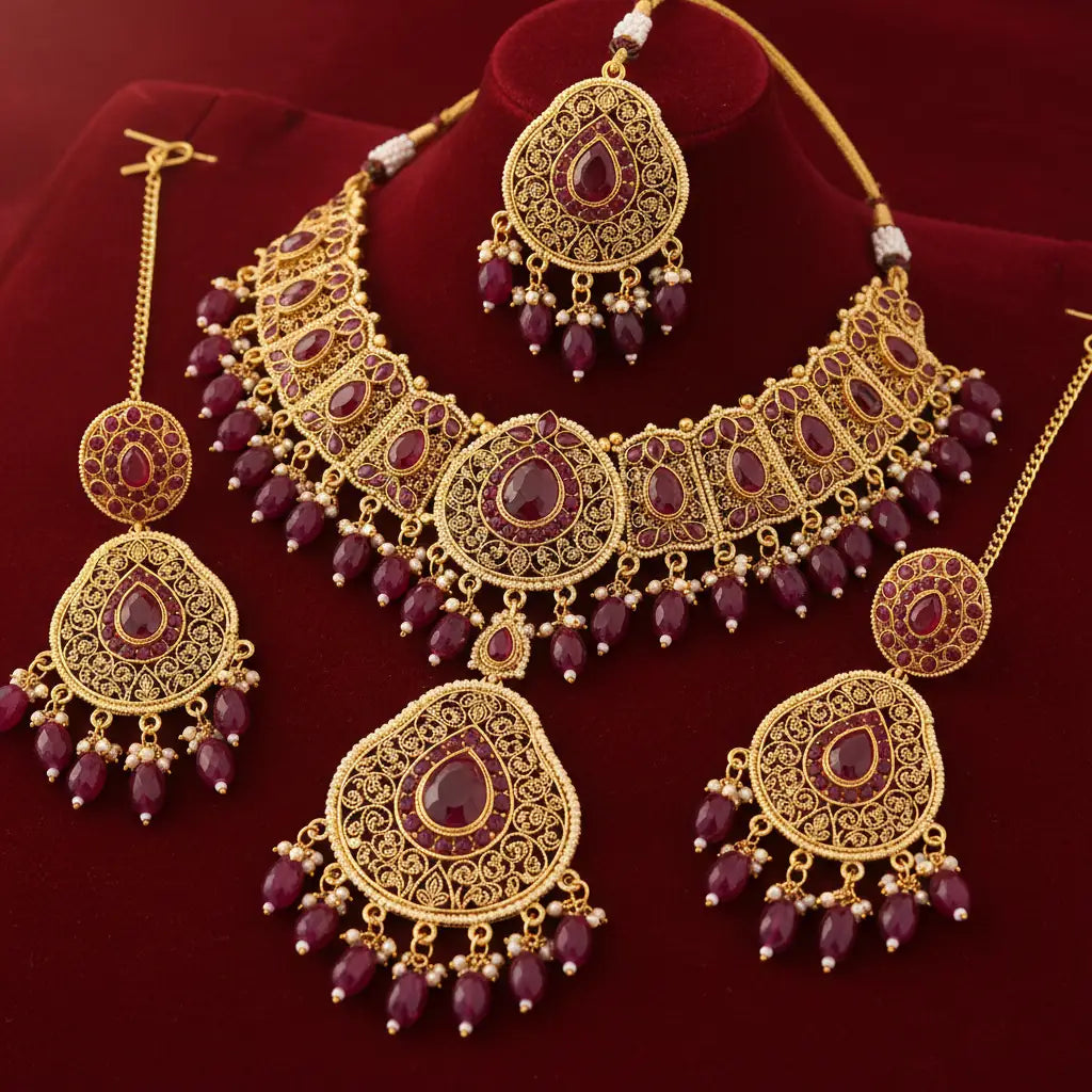 Gold and red gemstone jewelry set on a red background