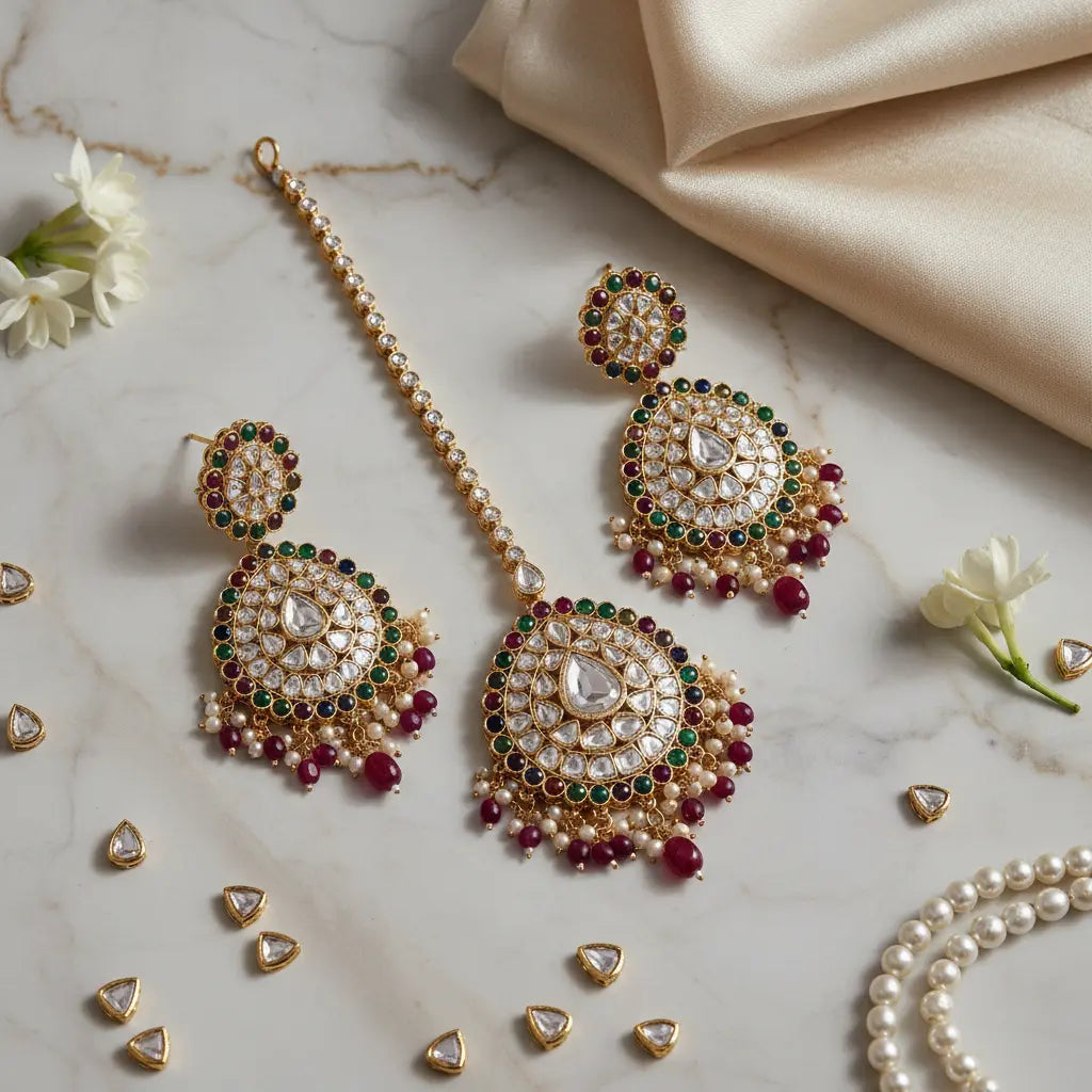 Ornate jewelry set with earrings and necklace on a marble surface