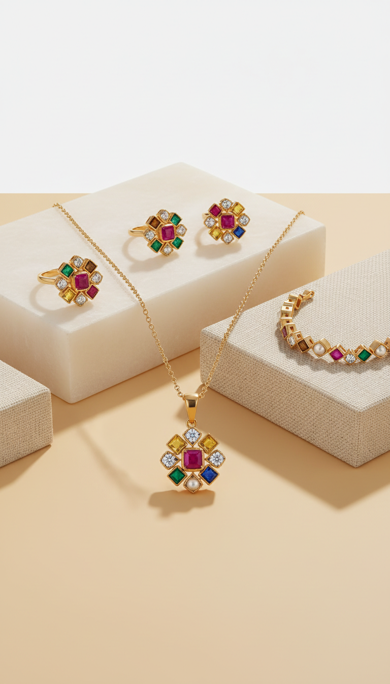 Navratna jewellery set with nine gemstones for festive and bridal wear