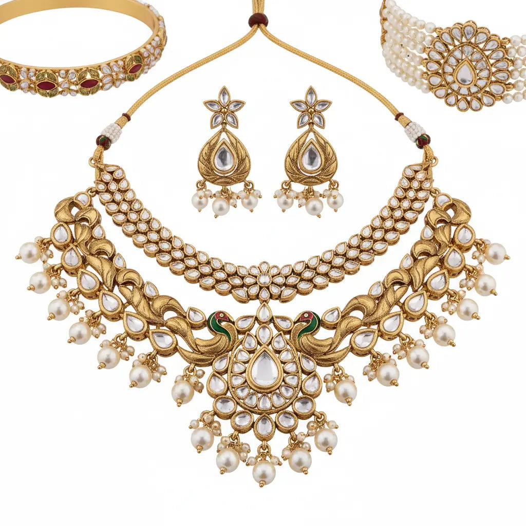 Gold necklace with pearls and gemstones on a white background