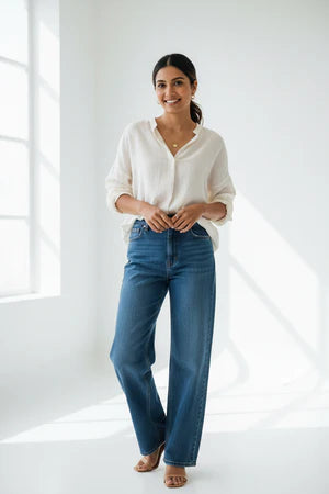 A woman modeling a white long-sleeve button-up shirt and high-waisted, wide-leg blue jeans in a bright, minimalist white room with natural window light.