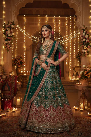 A woman wearing an ornate traditional Indian lehenga choli outfit in deep teal green with intricate gold and red embroidery, standing in a decorated indoor setting with warm string lights and floral arrangements.