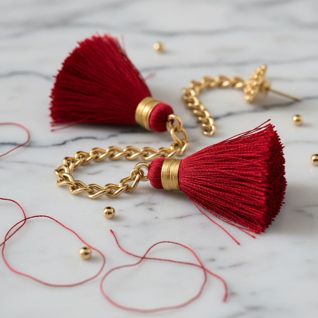 Gold Chain Red Tassel Drop Earrings