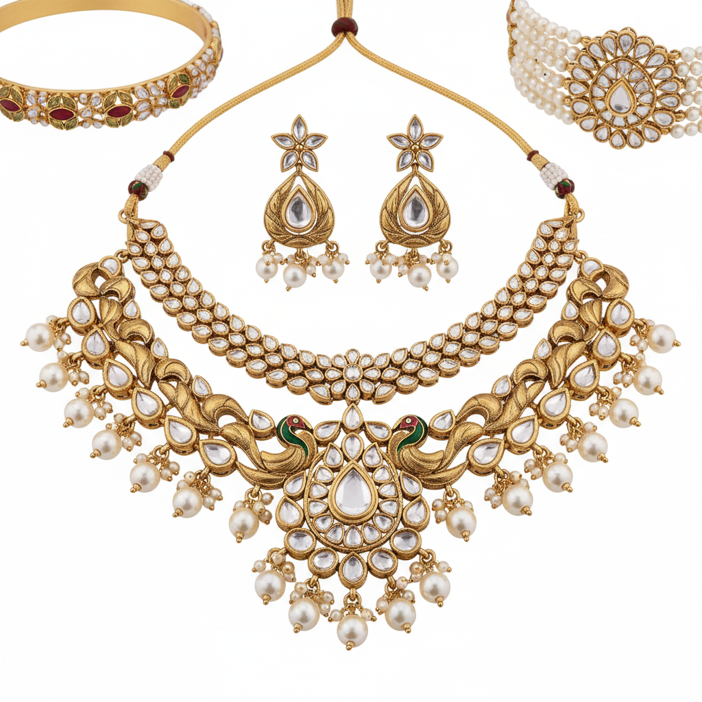 Polki Pearl Bridal Necklace Set