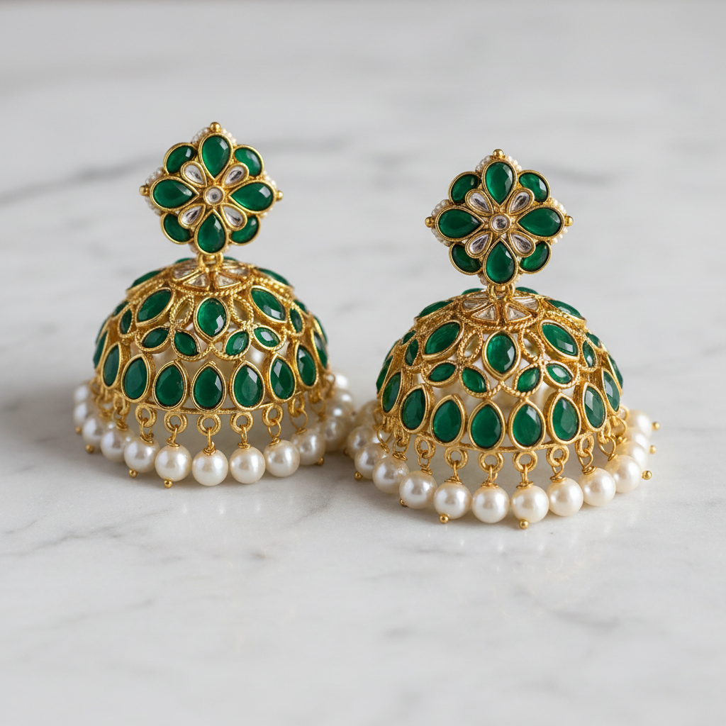 Emerald Kundan Jhumka Earrings with pearl drops