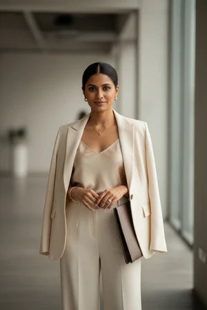 A woman stands in a modern indoor hallway wearing a tailored cream blazer over a matching cream top and trousers, holding a dark clutch.