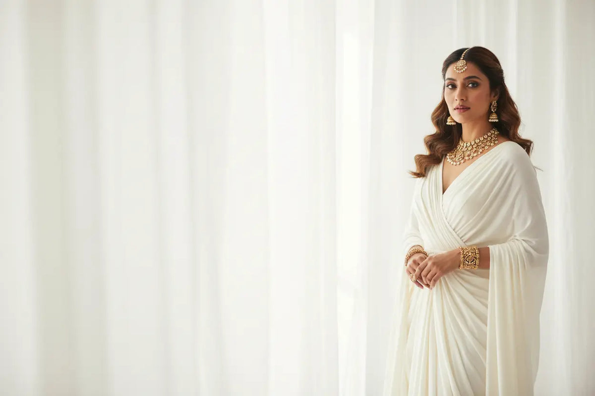A woman wearing a draped white sari and ornate gold jewelry stands against a soft white curtain background.