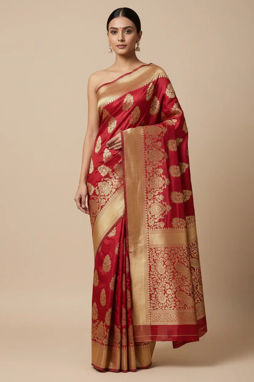 A woman models a red and gold Banarasi silk saree with intricate gold zari motifs and a wide gold border, set against a solid beige studio background.